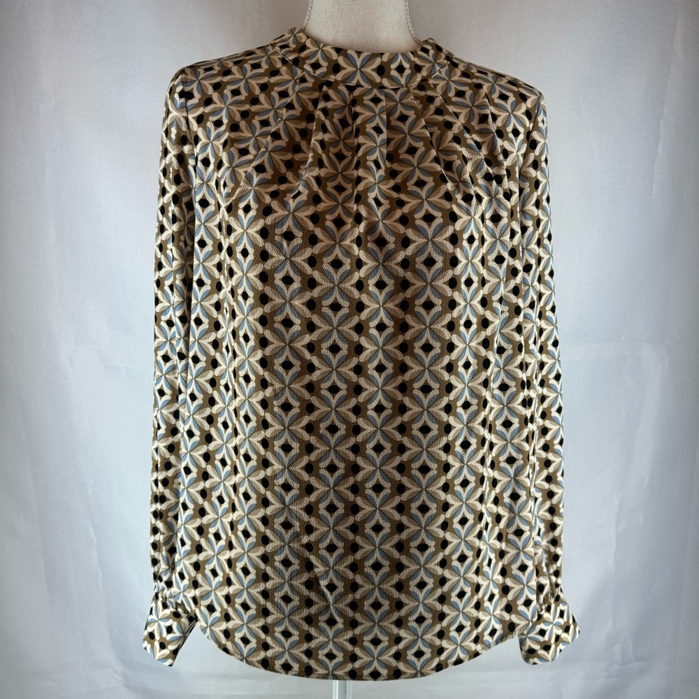Tommy Hilfiger Women's Print Tie-Neck Blouse Button Tan Classic Long Sleeve M